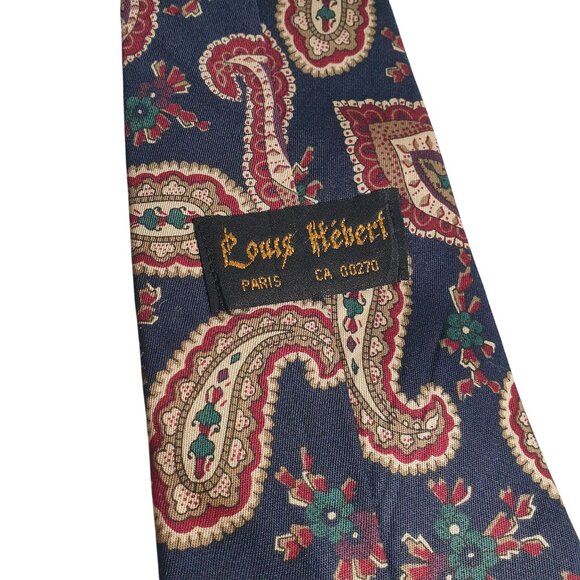 Louis Hebert Paris Paisley Pattern Silk Tie Navy Gold Red Green Mens Neckwear - Picture 4 of 5